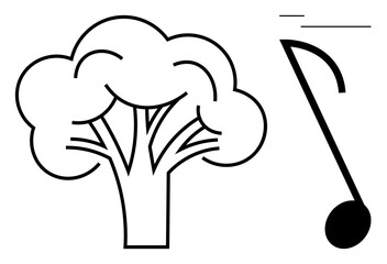 Outline of a tree and a musical note combining nature imagery with sound elements. Ideal for concepts thumbs up creativity, growth, harmony, environment, sustainability, art, education. A flat simple