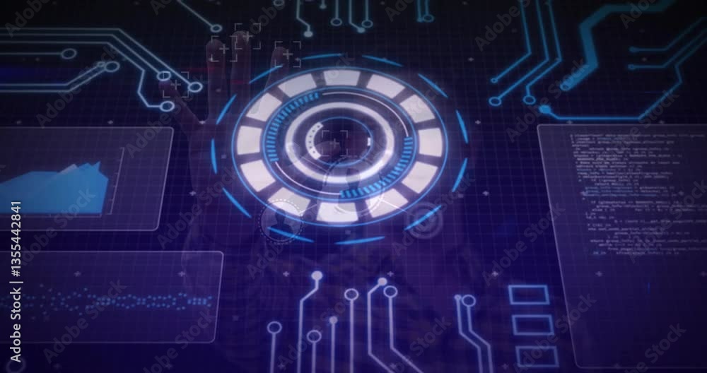 Poster animation of futuristic digital interface showing circuit patterns and data graphs