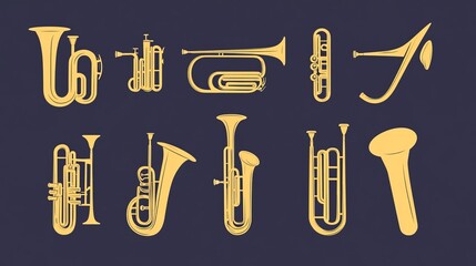 Obraz premium Brass instruments icon set featuring silhouettes of a trumpet, trombone, tuba, bugle, saxophone, and French horn. Vector illustration with symbols and pictograms.