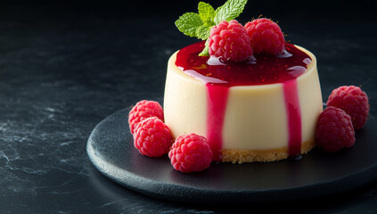 Delightful dessert featuring a smooth cheesecake topped with vibrant raspberry sauce and fresh berries on a sleek plate