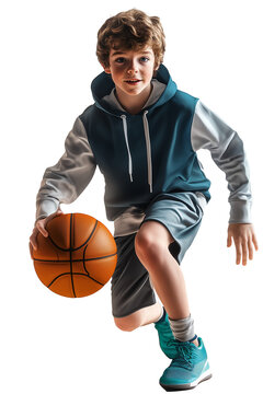 Menino em movimento com bola de basquete na m&atilde;o