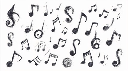 A set of all music note symbols, hand-drawn in sketch style, presented as vector illustrations.
