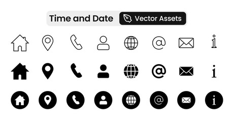 Time, date and address icon set. Calendar, clock, location. Editable stroke. Linear vector outline illustration. Vector illustration.