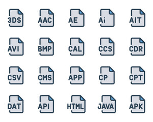 Filled blue outline icons set for Programming files