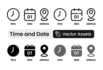 Time, date and address icon set. Calendar, clock, location. Editable stroke. Linear vector outline illustration. Vector illustration.