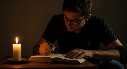 Person Writing in Open Book Near Candlelight in Dark Room