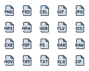 Filled blue outline icons set for Programming files