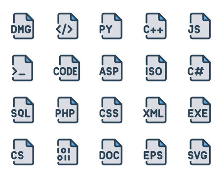 Filled blue outline icons set for Programming files