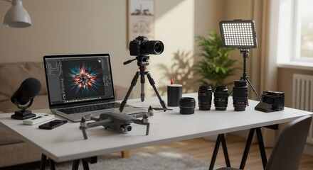 Photography and Videography Equipment Displayed on a Table with Laptop