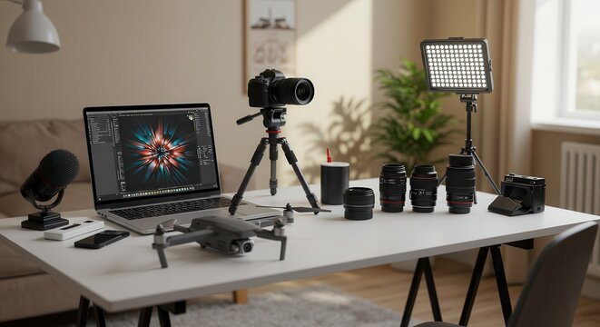 Photography and Videography Equipment Displayed on a Table with Laptop