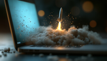 Creativity takes flight as a rocket bursts from a laptop amidst clouds of innovation and inspiration