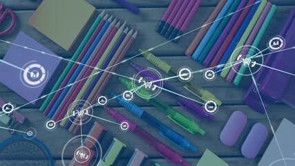 In school, colorful stationery and digital network icons creating animation effect - Powered by Adobe