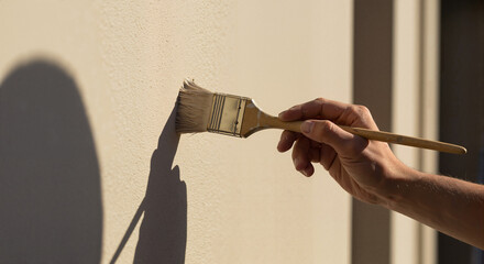 Hand painting a wall with a brush in soft natural light  
