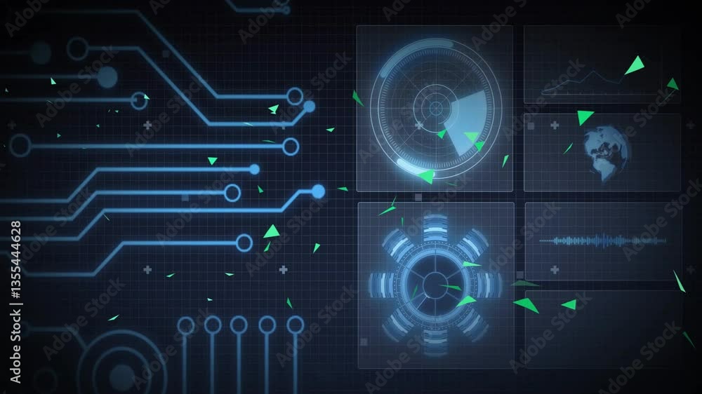 Poster animation of futuristic digital interface with circuit patterns in school setting