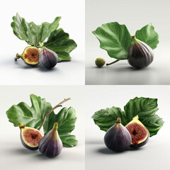 Four detailed images showcasing fresh figs with vibrant green leaves, studio shot.