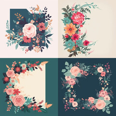 Four distinct floral arrangements showcasing various colorful flowers and green foliage, designed as decorative frames and corner accents for artistic projects.