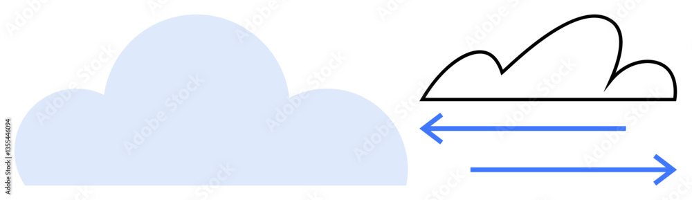 Poster simplified cloud with parallel blue arrows showing airflow, movement, or data flow. ideal for techno
