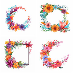 Four watercolor floral frames and borders with vibrant colors and delicate details, perfect for invitations and decorations.