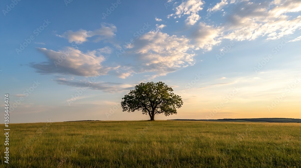 Poster isolated tree in a golden field at sunset with a beautiful sky filled with clouds : generative ai