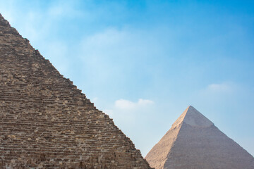 Famous Great Pyramids of Chephren and Cheops, Cairo, Egypt. Two of the three Great Pyramids, Giza pyramid complex (Giza Necropolis)