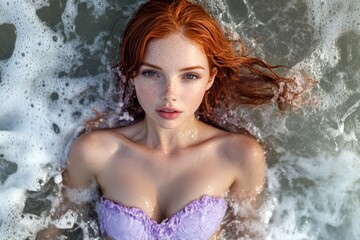 Obraz premium Bright Ñommercial style. Happy tropical travel. Lovely happy and sexy young woman with gorgeous thick short red hair in purple strapless bandeau enjoying turquoise sea, splashes around her.