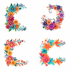 Four floral arrangements in a crescent shape, each with different colors and flower types.