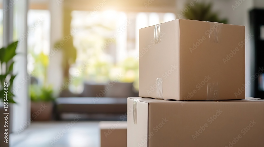 Aufkleber Stack of Brown Delivery Boxes in Bright Room with Natural Light Streaming Through Windows : Generative AI
