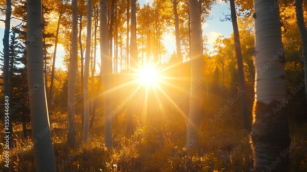 Leinwandbilder golden sunlight filtering through tall trees in a tranquil autumn forest : generative ai