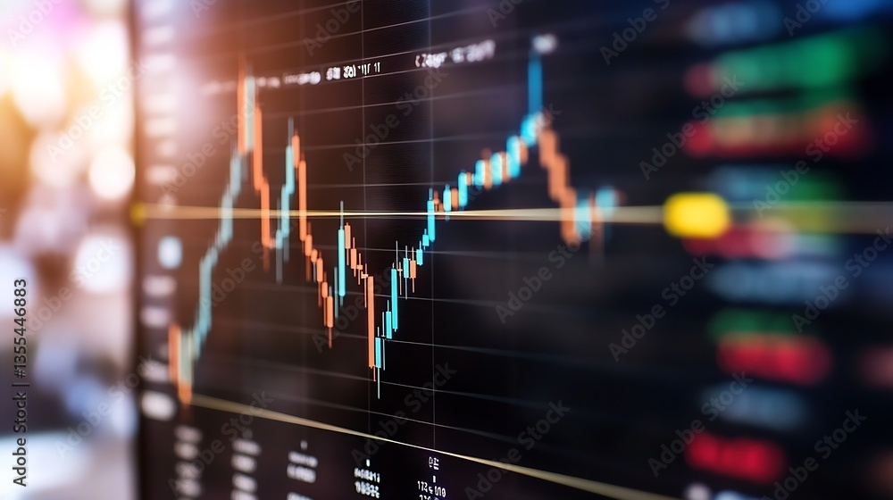 Fototapete Stock market graphic showing fluctuating financial trends with colorful candlestick charts and data visualizations : Generative AI
