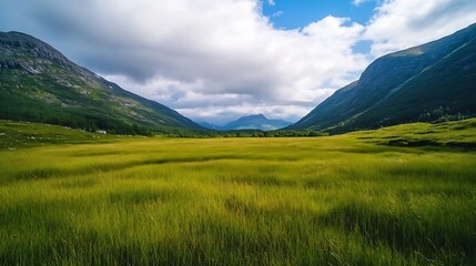 Obraz premium Lush Green Valley Surrounded by Majestic Mountains with Dramatic Clouds Above : Generative AI