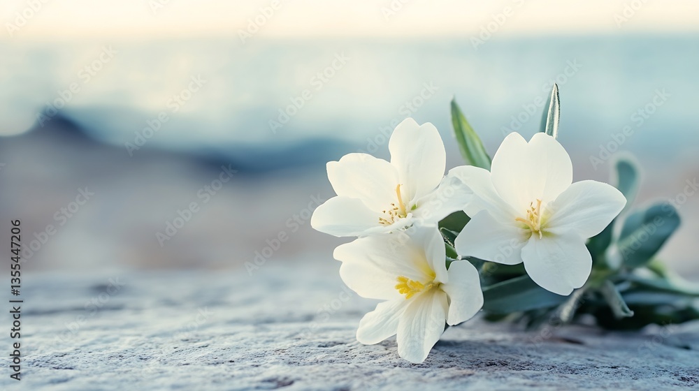 Poster delicate white flowers resting on a smooth stone surface by the beach at sunset : generative ai