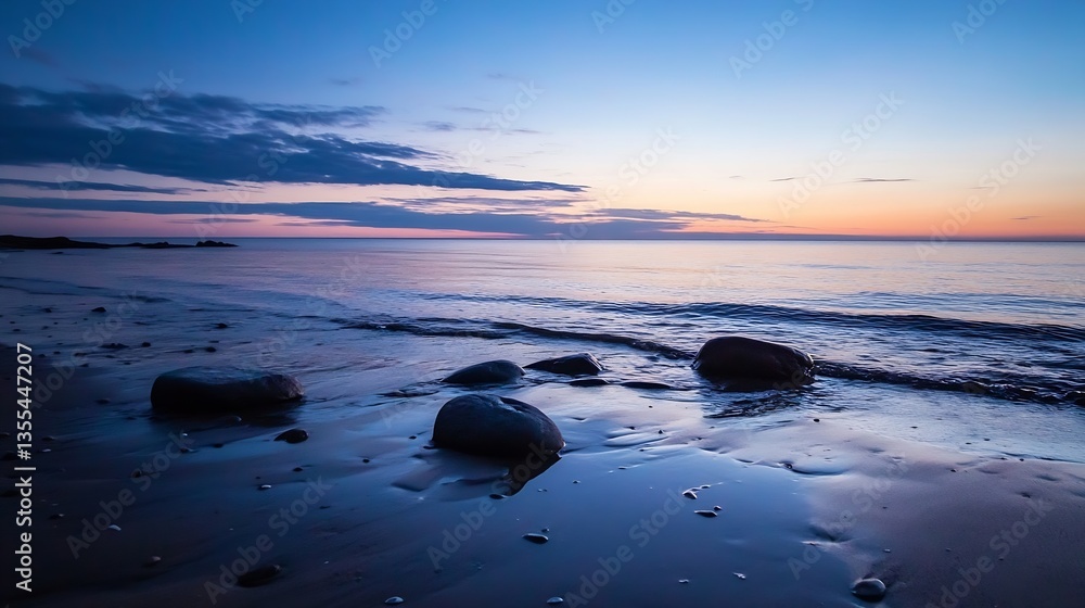Poster peaceful beach landscape at twilight with smooth rocks and calm water under a colorful sky : generat