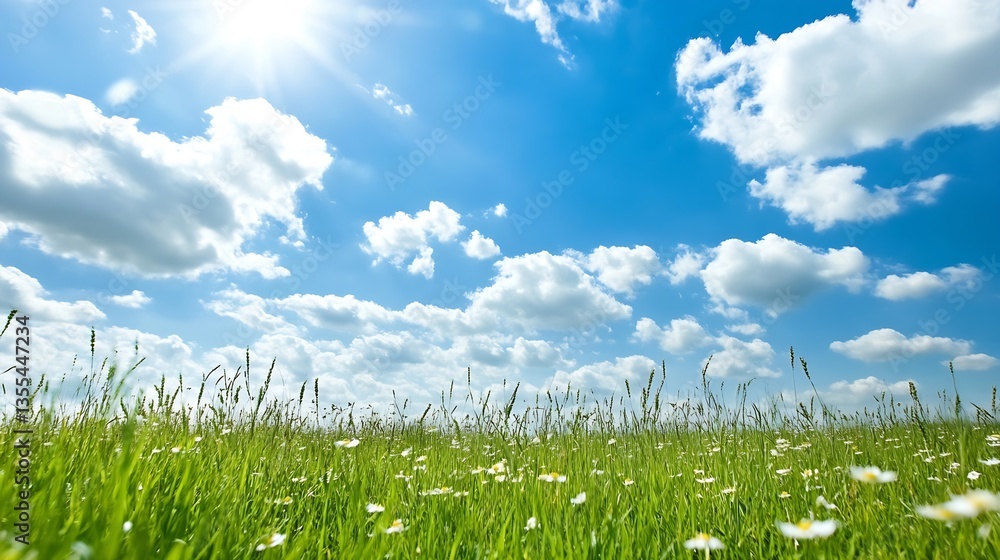 Poster vibrant green grass field under a bright blue sky with fluffy clouds for a refreshing natural scene 