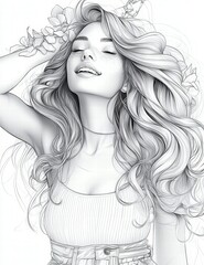Fototapeta premium Radiant Beauty with Flower: A portrait of a woman with her eyes closed, radiating tranquility as she is adorned with flowers. Coloring book for adults