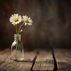 Daisy in vase on rustic wooden table under warm indoor light, neutral tones, and a cozy, nostalgic composition.