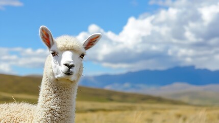 Fototapeta premium Closeup portrait of a charming llama against a picturesque landscape with mountains in the background : Generative AI
