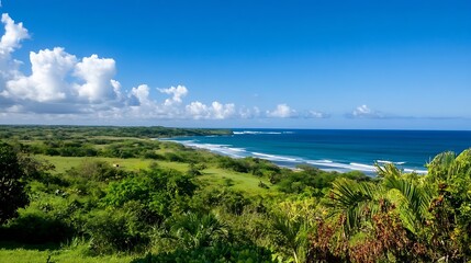 Stunning coastal view showcasing lush green landscape meeting the clear blue ocean under a bright sunny sky : Generative AI