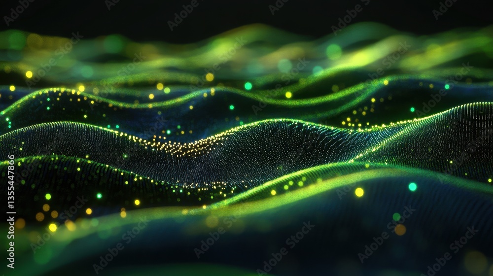 Poster glowing green particle wave digital abstract background.