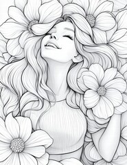 Fototapeta premium Woman in Flowers: A serene woman with flowing hair surrounded by large flowers, a tranquil illustration in black and white. 