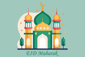 Illustration Mosque Eid Mubarak with Small Lamps, Vector Graphic Elements, Islamic Background