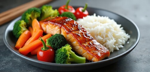 Teriyaki salmon plate with white rice, steamed vegetables. Grilled glazed salmon fillet with broccoli, carrots, cherry tomatoes. Balanced nutritious meal, traditional Japanese cuisine, savory flavor.