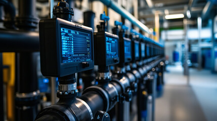 A close-up of a water quality testing station in an urban water treatment facility, technicians monitoring readings on digital screens, with pipes, pumps, and filtration systems vi
