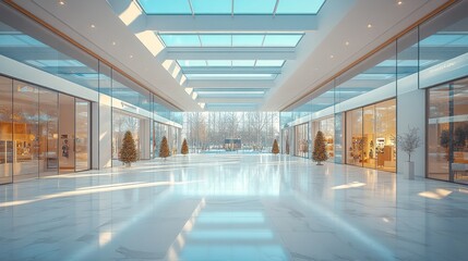 Bright mall interior with Christmas trees, shops, winter scene outside