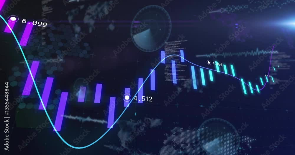 Poster analyzing financial data, graphs and charts over world map background