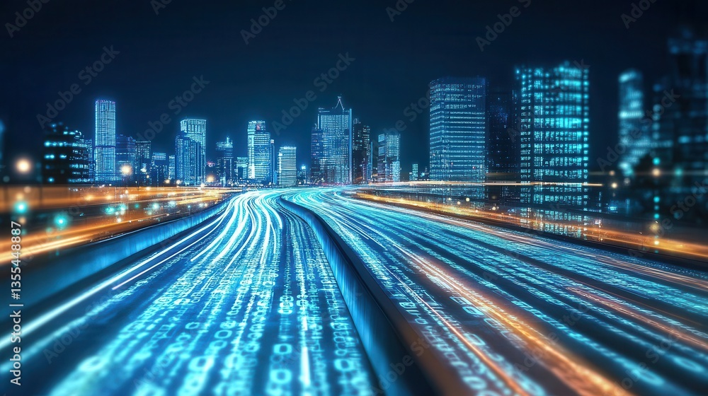 Poster data highway city lights and binary code speed trails.