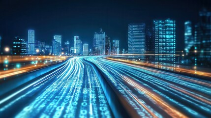 Obraz premium Data Highway City Lights and Binary Code Speed Trails.