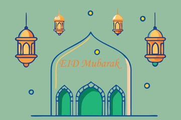 Illustration Mosque Eid Mubarak with Small Lamps, Vector Graphic Elements, Islamic Background