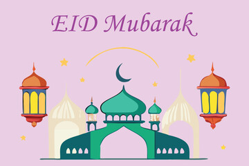 Naklejka premium Illustration Mosque Eid Mubarak with Small Lamps, Vector Graphic Elements, Islamic Background