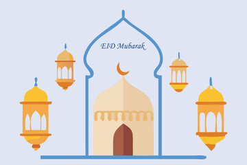 Illustration Mosque Eid Mubarak with Small Lamps, Vector Graphic Elements, Islamic Background
