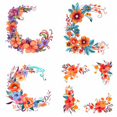 Four floral arrangements with orange, blue, and purple flowers, creating decorative corners and borders for designs.
